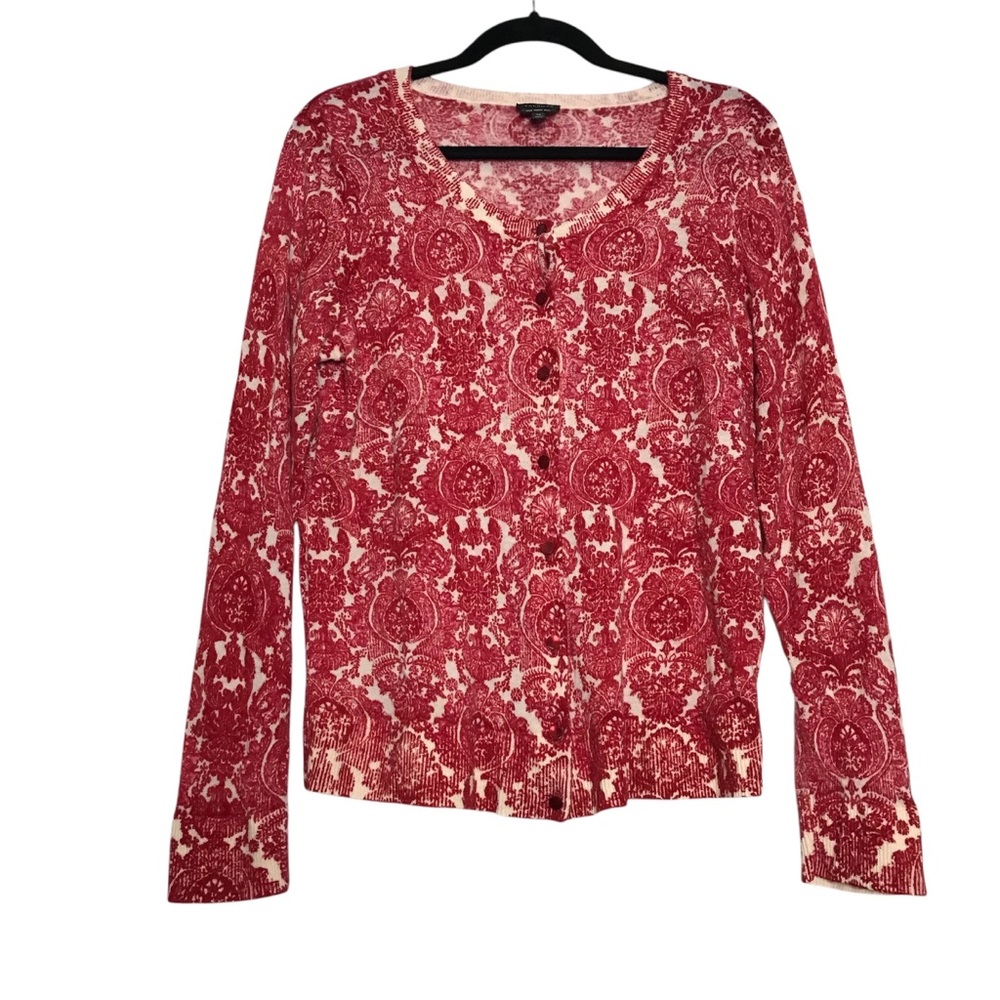 Talbots Preppy Red Damask Print Merino Wool Button Up Cardigan Womens Size XL